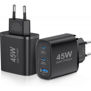 Pack Of 2 Usb C Chargers 45w Gan Power Supply For Iphone/Samsung Galaxy S25/S24/S23/S22/S21 Iphone 16/15/14/13/12/11 Pro Max, 3 Port Type C Usb Multiple Pps Fast Charger (Black) - Neuf