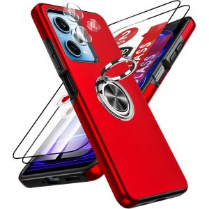 Kal-Coque Pour Xiaomi Redmi Note 12 Pro 5g(Pas 4g)/ Poco X5 Pro 5g Avec 2 Verre Trempé, 2 Protection Camera Et Anneau Telephone, Militaire Renforcée Pc Et Tpu Silicone Etui Antichoc Housse - Rouge - Neuf