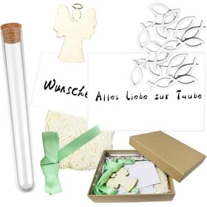 YEMAESRE-Coffret De Baptême Pour Garçon Fille, Idées Cadeaux Naissance, Cadeau De Baptême Comprend Cartes, Tube À Essai, Ruban, Pendentif Ange En Bois, Poisson En Bois - Neuf