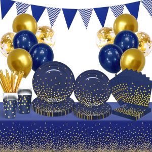 Tianyi-Vaisselle Anniversaire Bleu Et Or, Kit Vaisselle Assiettes De F&ecirc;te Decoration Avec Ballons, Nappe, Gobelets, Papier Serviettes, Pailles, Pour Mariage, Baby Shower Enfant, No&euml;l, Eid Deco - Neuf