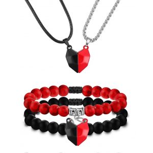 4pcs Couples De Bracelet De Collier Pour Les Femmes, Coeur Collier Et Bracelet De Perles, Pierre Naturelle Bijoux Pour La Saint-Valentin - Neuf