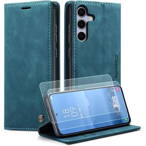 TRAHOO-Coque pour Samsung Galaxy S25 5G Housse en Cuir Premium Pochette Protection avec Rabat Porte Carte Magn&eacute;tique Fonction Stand &Eacute;tui pour Samsung Galaxy S25-2 Verre Tremp&eacute;s (Bleu Vert) - Neuf