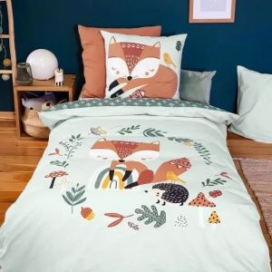 Parure De Lit 140x200 Cm Enfant R&eacute;versible - Housse De Couette + 1 Taie D'oreiller Motif Imprim&eacute; Renard Vert &ndash; 100% Coton - Neuf