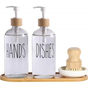 BHHBB-Lot de 2 distributeurs de Savon en Verre avec Pompe - Distributeur de Savon pour Les Mains avec Plateau et Brosse à Vaisselle en Bambou - 473,6 g - Distributeur de Savon de Cuisine (Blanc-1) - Neuf