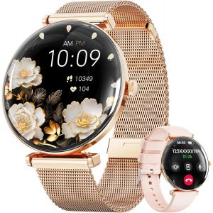 Shou-Montre Connectée Femme,Écran Incurvé Et Mince Léger Montre Connectée,1,43"" Écran Amoled Smartwatch,Ip68 Avec Fonction Féminine/Fréquence Cardiaque/Sommeil/Spo2 Montre Connectée Android Ios(Or - Neuf