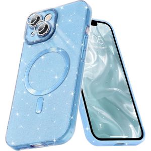 Sjzg-Coque Magn&eacute;tique Pour Iphone 13 Etui &Agrave; Paillettes Brillant Compatible Avec Magsafe Charge Sans Fil Housse De Protection Antichoc Pour Appareil Photo Glitter Silicone Souple,Bleu - Neuf