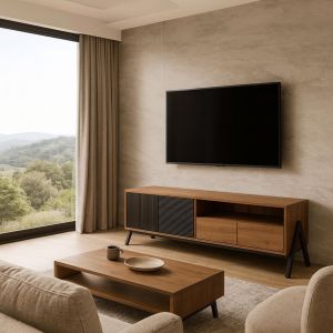 Meuble TV HWC-O40, meuble TV bas 2 tiroirs portes compartiments de rangement, MDF m&eacute;tal m&eacute;lamine 48x155x40cmnaturel - Neuf