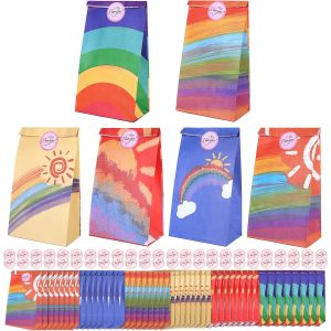 Mevronisshop-Sac Cadeau,12 Pcs Pochette Cadeau Arc En Ciel Kraft Sac Avec 12 Autocollants, Sachet Bonbons Anniversaire Sac Cadeau Petit Format Pour Mariage, Anniversaire, No&euml;l, Halloween,Party - Neuf