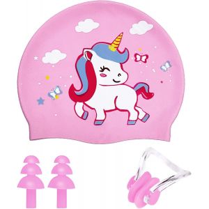meimie-Bonnet De Bain Enfant,Bonnet De Piscine Enfant En Silicone Hypoallergénique,Bonnet De Bain Fille,Design Licorne,Set Avec Bouchons D'Oreilles Et Clip Nez - Neuf