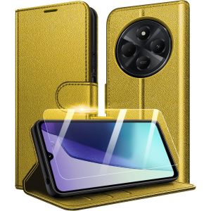 SJZG-Coque Pour Xiaomi Redmi 14C / Redmi A4, [Fermeture Magnetique &Agrave; Rabat], [Housse Portefeuille En Cuir], [Multifonctionnel] + 1X [Verre Tremp&eacute; De Protection] (Dor&eacute;) - Neuf