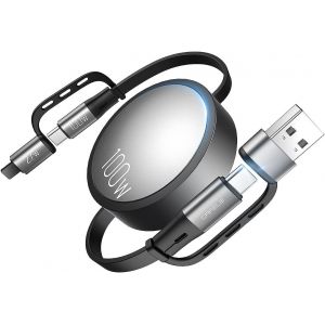 100W 4 en 1 Câble de Charge Rétractable,PPS PD 3.0/QC4.0 Cable Chargeur Multi Embout USB A/C,Enrouleur pour 16 Plus/Pro Max/15/14,MaBook,Pad Pro,Galaxy S24/S23 - Neuf