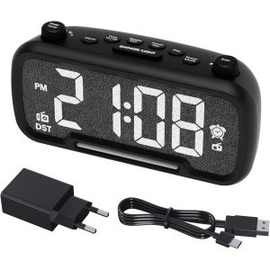 Radio-réveil avec haut-parleur Bluetooth, réveil numérique avec port de charge de type C, veilleuse, snooze, variateur, chargeur USB, sauvegarde de batterie, radios de montre alimentées sur secteur, - Neuf