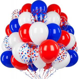 CAUC-60 Pi&egrave;ces Ballons Rouge Bleu, 12 Pouces Mat Rouge Bleu Blanc Latex Ballon avec 2 Rubans et Ballons Confettis pour Gar&ccedil;ons Hommes Anniversaire Baby Shower Mariage Fian&ccedil;ailles Graduation D&eacute;coratio - Neuf
