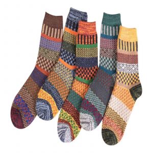 5 Paires Automne Hiver Chaussettes Nordiques Tricoté Épais Bidirectionnel Coloré Patten Crew Chaussettes Hommes Femmes - Neuf