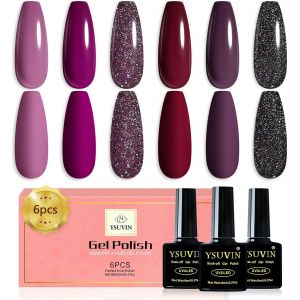 Vernis Semi Permanent Foncé, 6 Couleurs Foncé Bordeaux Pourpre Vin Rouge Violet Rose Pruneaux Noir Paillettes Marron Vernis À Ongles Soak Off Uv Pour Diy Nail Art, Hiver Noël Cadeaux Beauté - Neuf