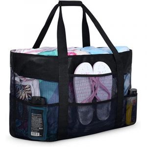Grand sac de plage en maille avec fermeture &eacute;clair, pliable, anti-sable, avec 7 poches de rangement, pour la natation, le camping, le rangement des jouets de plage, unisexe - Neuf