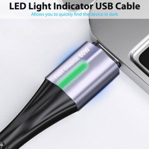 Câble De Charge Usb C 60 W 2 M 3 A Type C Charge Rapide Tressé Usb A Vers Usb-C Indicateur De Lumière Led Câble De Charge De Téléphone Pour Ipad 2024, Iphone 16/15 Pro, S25 S24 Ultra, Pixel 9 - Neuf