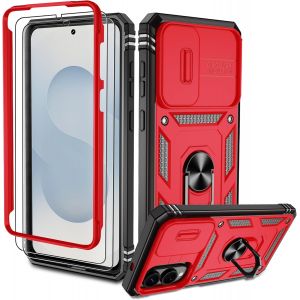 TRAHOO-Étui de protection pour Samsung Galaxy S25 Edge, avec 2 films de protection, militaire, anti-chocs, résistant aux rayures, rouge et noir - Neuf