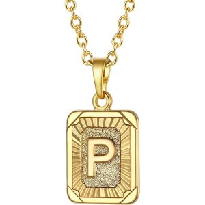 Kal-Collier Lettre Femme Plaqu&eacute; Or Jaune, Pendentif Rectangle Avec Initiale, Cha&icirc;ne Rolo Ajustable De 2,5mm/50+5cm - Neuf