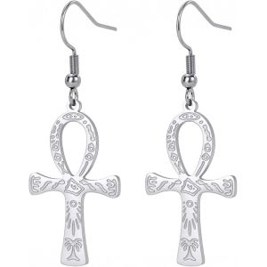 Kal-Égyptien Ankh Croix Pendentif Boucles D'oreilles En Acier Inoxydable Dangle Hoop Boucles D'oreilles Clé De Vie Amulette Classique Croix Bijoux Pour Femmes Hommes - Neuf