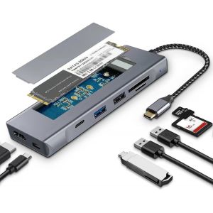 Hub USB C 8 en 1, boîtier SSD M2 NVMe, Disque ssd Externe M.2 SSD Lecteur Disque Dur, Adaptateur USB C multiport HDTV 4K, USB 3.0, PD 100W pour MacBook Pro/Air M1, pour iPad Pro, Chromecast - Neuf