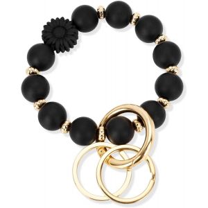 Kal-Bracelet Porte-Cl&eacute;s En Silicone - Joli Bracelet Porte-Cl&eacute;s Avec 2 Anneaux Porte-Cl&eacute;s - Bracelet &Eacute;lastique Pour Femme - Noir - Cadeau Pour Le Quotidien - Neuf