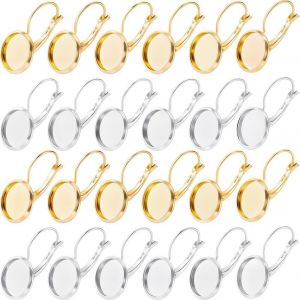 Kal-1 Boîte 40 Pièces 304 Crochets De Boucles D'oreilles En Acier Inoxydable, Boucles D'oreilles Créoles À Levier, Réglage Cabochon, Plateau De 12 Mm, Or Argent, Cadre Plat Rond Vierge, Résultat - Neuf