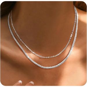 Kal-2 Pièces Collier Femme Argent/Or Layered Chaîne Plaqué Or 18k Collier Sans Pendentif Empilable Fine Collier Chaîne Femme Bijoux - Neuf
