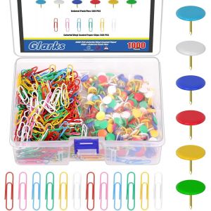 ChenQuanSarl-1000Pcs Vinyle Revêtu Pouces Et Coloré Vinyle Revêtu Papier Clips Set, Inclus 500Pcs 28.8Mm / 1.13In Clips, 500Pcs 10.3Mm / 0.4In Plat Pouce Tacks - Neuf