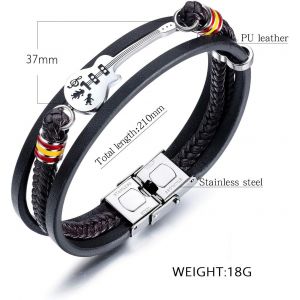 Bracelet Guitare Pour Homme En Cuir Synth&eacute;tique Noir Marron Avec Fermoir En Acier Inoxydable B306 - Neuf