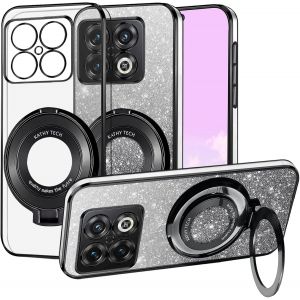 SJZG-Couqe Magn&eacute;tique Pour Oneplus 10 Pro 5G [Compatible Avec Magsafe] Avec Anneau Support, Housse Etui De Protection Antichoc En Silicone, Transparente Paillettes 2 En 1 S&eacute;parable Case (Noir) - Neuf