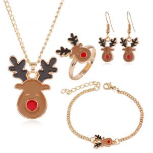 Ensemble De Bijoux De No&euml;l 5 Pi&egrave;ces Pour Filles : T&ecirc;te De Cerf, Collier, Bracelet, Bague, Boucles D'oreilles, Cadeau D'anniversaire Pour Enfants, D&eacute;coration De Bijoux - Neuf