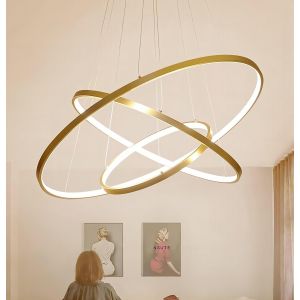 Subzonal-Lustre Led Salon Moderne Suspension Luminaire Dor&eacute; 115w, Plafonnier Dimmable Avec T&eacute;l&eacute;commande, 3 Anneaux R&eacute;glable Lustre Suspendu, Decorative Lampe Pour Chambre, Cuisine, Bureau 40+60+80cm - Neuf