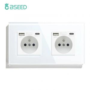 Bseed¿Prise Murale D'Interface Française Type-C,Port De Charge Usb 16A,Prise De Courant,Panneau En Cristal De Verre,Prise Électrique.Double Socket White.Fr - Neuf