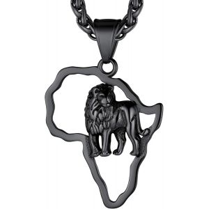 KAL-Collier Afrique Personnalisable,Pendentif Carte D`Afrique Avec Pays/Elephant/Lion Plaqu&eacute; Or/Noir/Acier Inoxydable + Cha&icirc;ne 55+5Cm,Bijoux Africain Fantaisie Cadeau Original Pour Femme Homme - Neuf