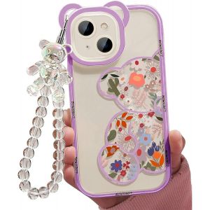 Maa-Coque Pour Iphone 14, Motif Ours Fleur Mignon, Coque De Téléphone Avec Joli Bracelet Pour Filles Et Femmes, Coque De Protection Transparente Kawaii Pour Appareil Photo,Violet Foncé - Neuf