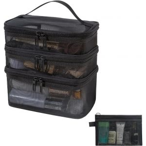 MAA-Trousse de Maquillage Portable Double Couche Trousse de Toilette Imperméable Grande capacité Sac Cosmétique de Voyage Vanity Case avec Brosse Compartiment (Gaze noire3) - Neuf