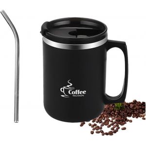 Tasse &Agrave; Caf&eacute; 15 Oz Avec Poign&eacute;e,Tasse De Voyage &Agrave; Double Paroi Sous Vide,Tasse &Agrave; Caf&eacute; Avec Couvercle Et Paille,Tasse En Acier Inoxydable R&eacute;utilisable,Pour La Maison,Le Bureau,Le Camping(Noir) - Neuf