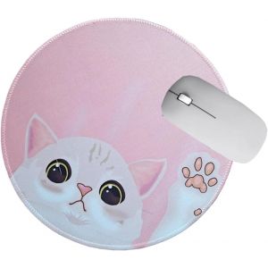 NSIECD-Tapis de souris rond en caoutchouc antidérapant pour ordinateur portable - Motif chat mignon - Tapis de souris pour le bureau - Voyage - Homme et femme - Enfants (rose) - Neuf