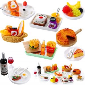 KALANKA-Accessoires de Maison de Poupée Miniature, Accessoires de Cuisine Miniature, 1:12 Accessoire Miniature Nourriture avec Miniature Steak Vin Rouge Hamburger Frites, Ensemble de Mini Nourriture - Neuf