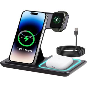 KALANKA-Station de Charge sans Fil 3 en 1 pour iPhone 15/14/13/12 Pro/Pro Max, pour Samsung Galaxy S24/S23/Z Flip/Z Fold, Chargeur &agrave; Induction pour Apple Watch et AirPods 2/3/Pro, Noir - Neuf