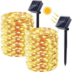 lbgwp60-Lot De 2 Guirlandes Lumineuses Solaires D'Extérieur 15 M 150 Led Blanc Chaud - Neuf