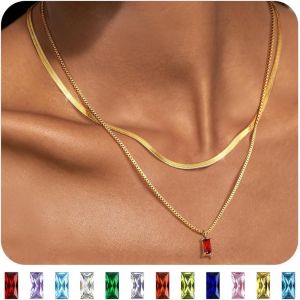 Kal-2 Pcs Collier Femme Acier Inoxydable Collier Femme Or Plaqué Or 14k Collier De Pierre De Naissance Collier Ras Du Cou Femme Collier Chaîne Serpent Or Réglable Empilable Chaine Bijoux Cadeau - Neuf