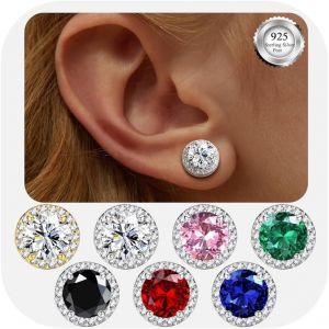 Kalhx-Boucles D'oreilles Femme Argent 925-Boucles D'oreilles Rondes Avec Pierre De Naissance-Hypoallergéniques Boucles D'oreilles Clous 8 Mm-Brillant Grandes Boucles D'oreilles Zirconium - Neuf
