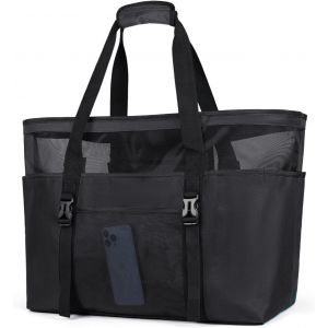 TIANYI-Grand Sac Cabas Femme XXL en Maille avec Fermeture Éclair Tout de Plage Pliable Anti-Sable Imperméable Plusieurs Poches de Rangement pour Plage Voyages Gym Piscine Noir - Neuf