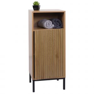 Commode HWC-O42, commode de salle de bain Armoire de salle de bain Armoire &agrave; 1 porte, 3 compartiments de rangement, MDF m&eacute;lamin&eacute; 98x39x30cmaspect bois naturel - Neuf