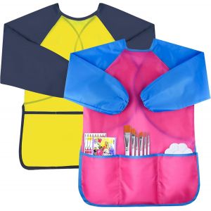 KALANKA-2Pcs Tablier Peinture Enfant,Blouse Peinture Enfant avec Manches Longues et 3 Poches,Tabliers Enfant Peinture de Polyester,Smock d'art pour Peinture,Cuisine, Coloriage,Nourrissage 3-8 ans - Neuf