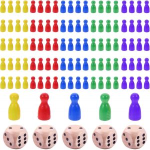 Sansh-100 Pieces Pions De Jeu Et 5 Dés,Pions En Bois Composant De Jeu Jouet 25 X12mm Pions En Bois Pour Jeux De Société Halma En Bois Et Cubes En Bois Accessoires Pour Colorées Jeux De Société - Neuf