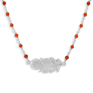 Collier Argent Rhodi&eacute; Plume Et Pierres Onyx Naturelles Rouges - Neuf