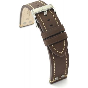 Kal-Bracelet Cuir Veau Huilé Style Aviateur Pilote Flieger Avec Rivets U2013 Tailles 18mm 20mm 22mm 24mm U2013 Noir Marron Foncé Marron Clair U2013 Design Sportif Classique 381 - Neuf